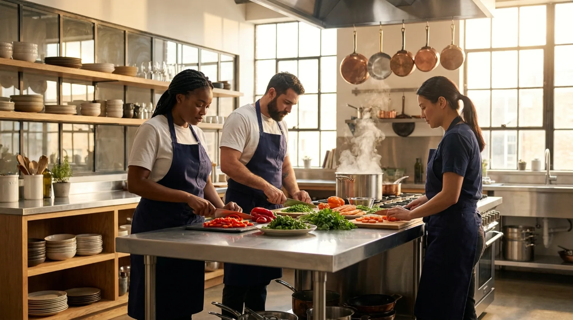 Three kitchen staff preparing vegetables at a stainless steel pass in a professional kitchen